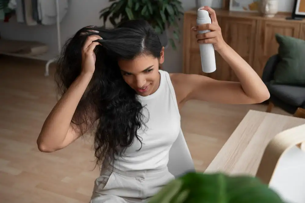 mulher aplicando spray no cabelo com vitaminas para cabelos expostos ao sol