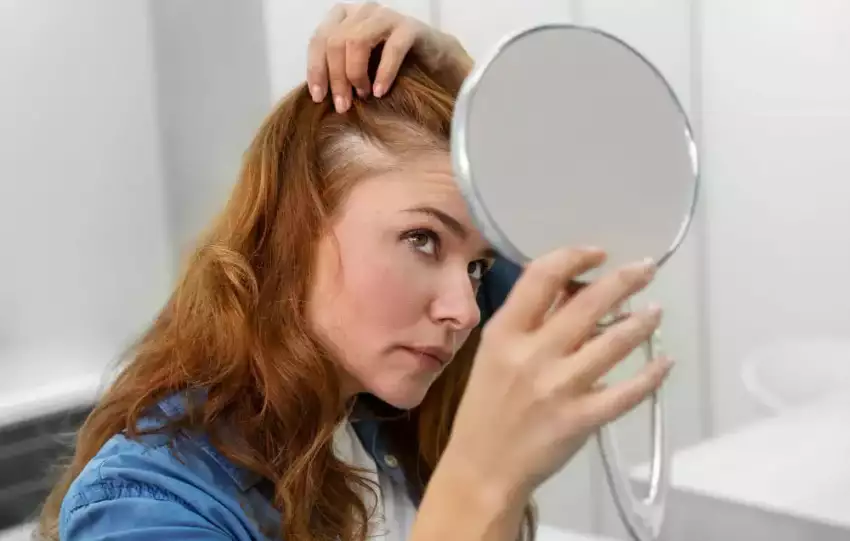 mulher-ruiva-usando-camisa-azul-verificando-sua-calvice-segurando-um-espelho-no-banheiro