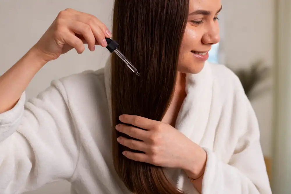 Vista lateral do cabelo da mulher fazendo rotina capilar